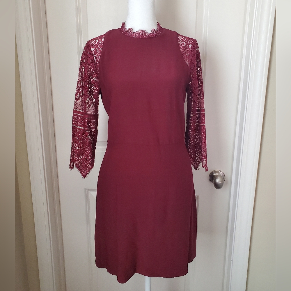 Like New Lace Sleeve Dress Wine Color